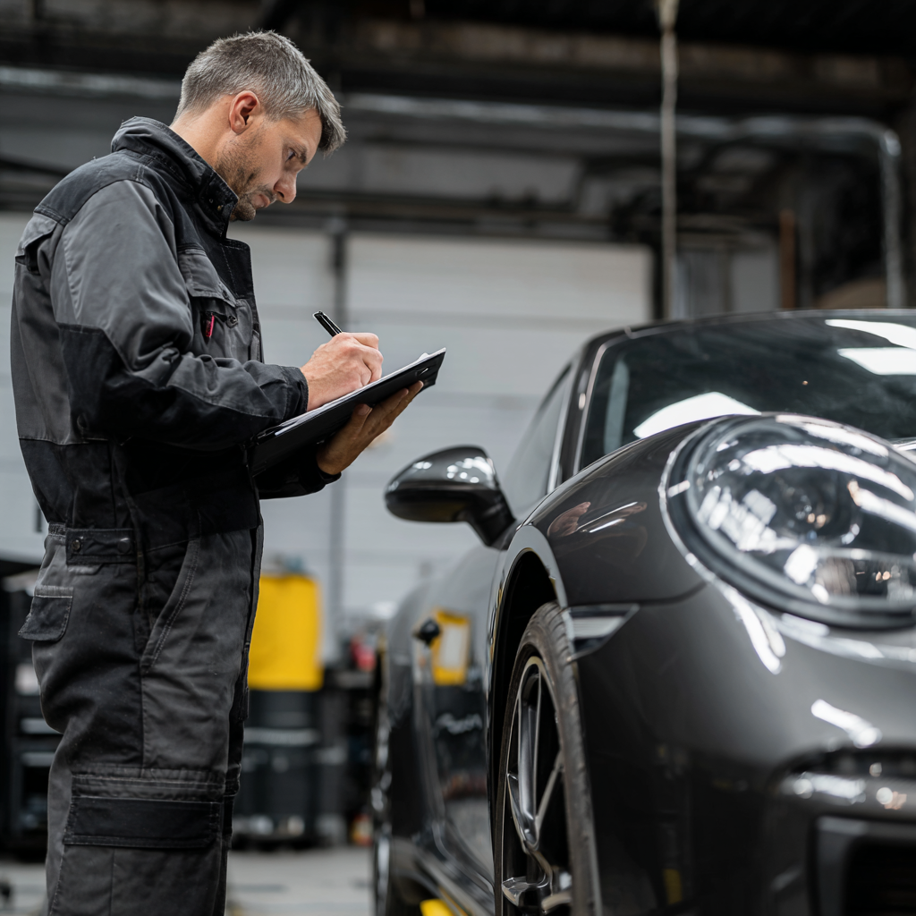 Kfz-Sachverständiger bei der Fahrzeugbegutachtung in Köln